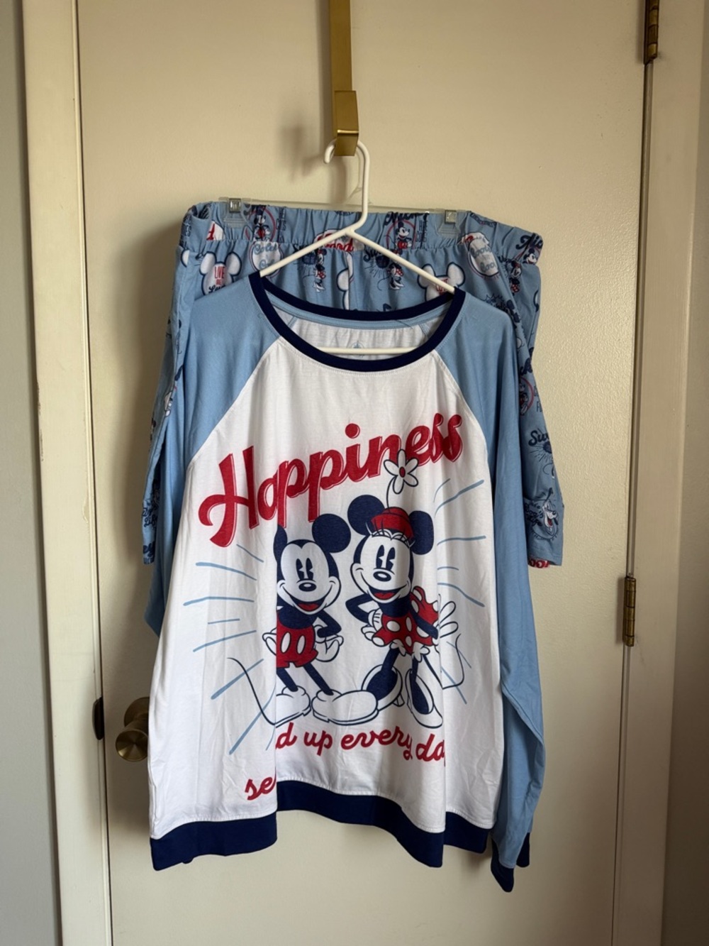 Disney White & Light Blue Mickey & Minnie "Happiness" Raglan Pajama Set